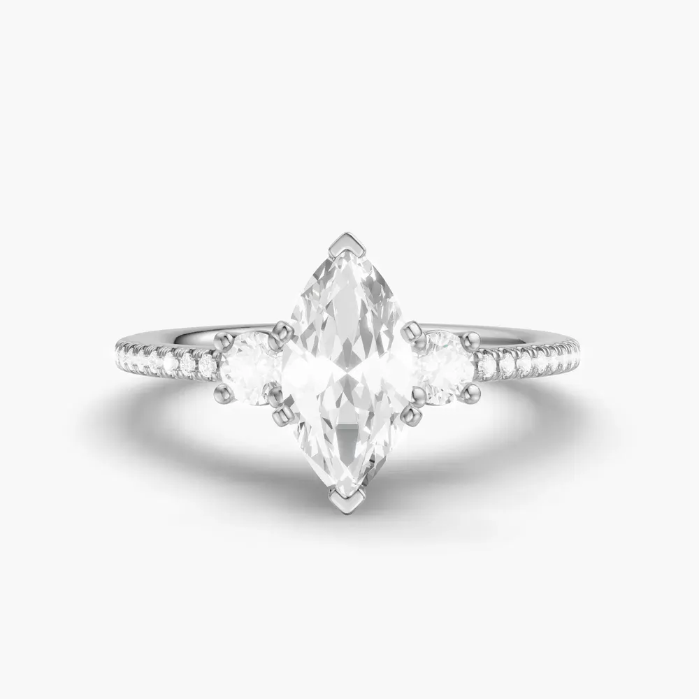 Certified 1 carat Lab Grown Diamond Marquise Cut Three Stone, Pavé, Side Stone Engagement Ring in 14K White Gold-Vynix