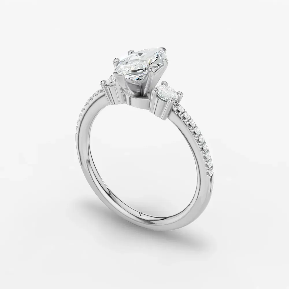 Certified 1 carat Lab Grown Diamond Marquise Cut Three Stone, Pavé, Side Stone Engagement Ring in 14K White Gold-Vynix