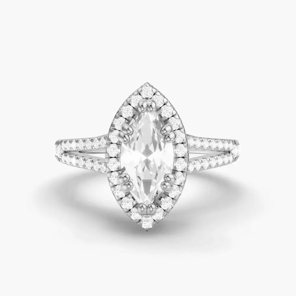 Certified 1 carat Lab Grown Diamond Marquise Cut Pavé, Halo, Cathedral Engagement Ring in 14K White Gold-Gexis