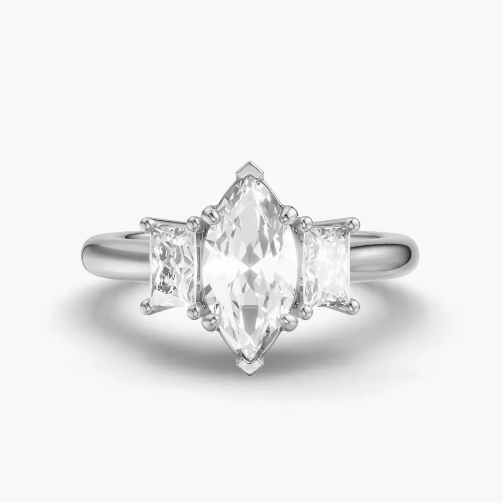Certified 1 carat Lab Grown Diamond Marquise Cut Three Stone, Side Stone Engagement Ring in 14K White Gold-Dravon