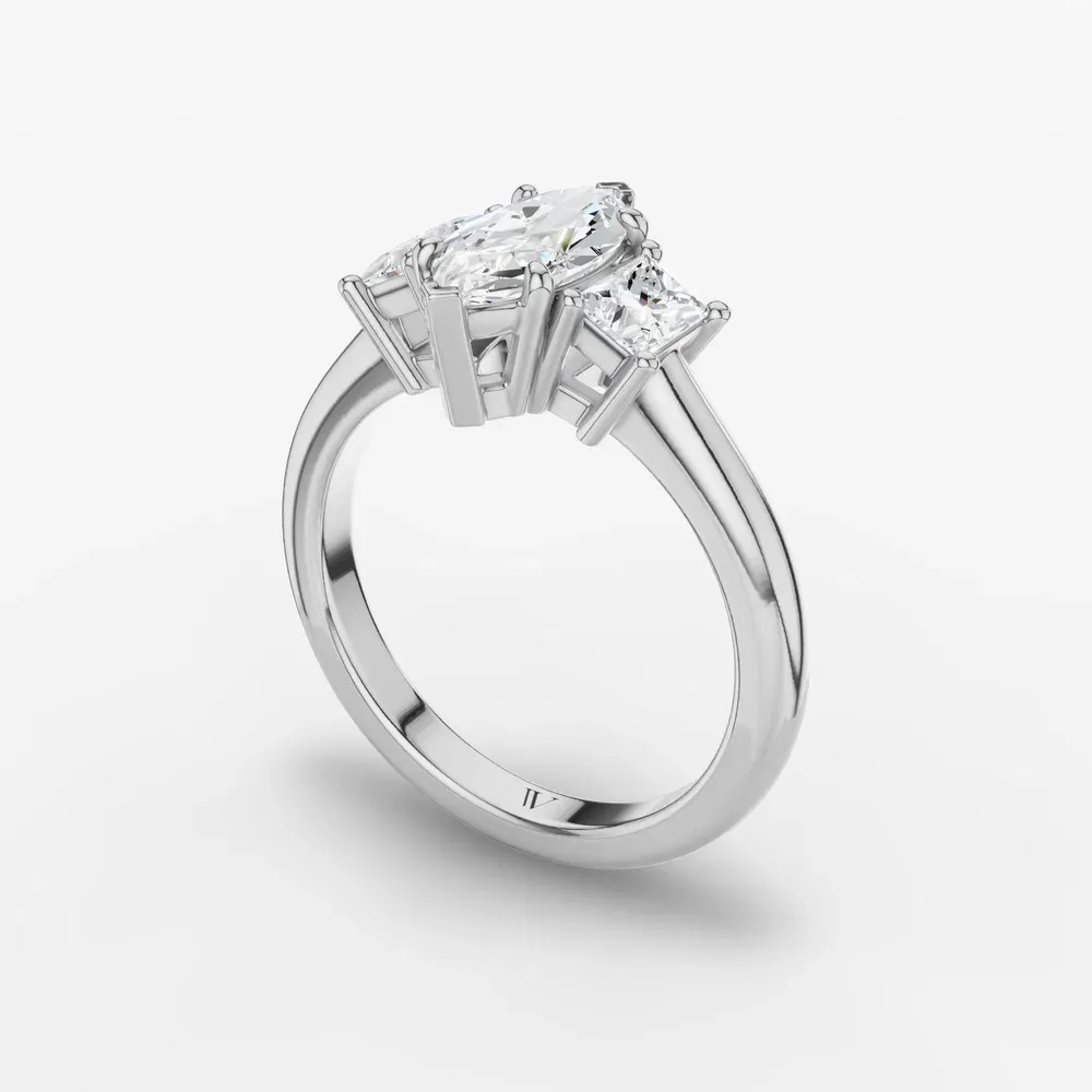 Certified 1 carat Lab Grown Diamond Marquise Cut Three Stone, Side Stone Engagement Ring in 14K White Gold-Dravon