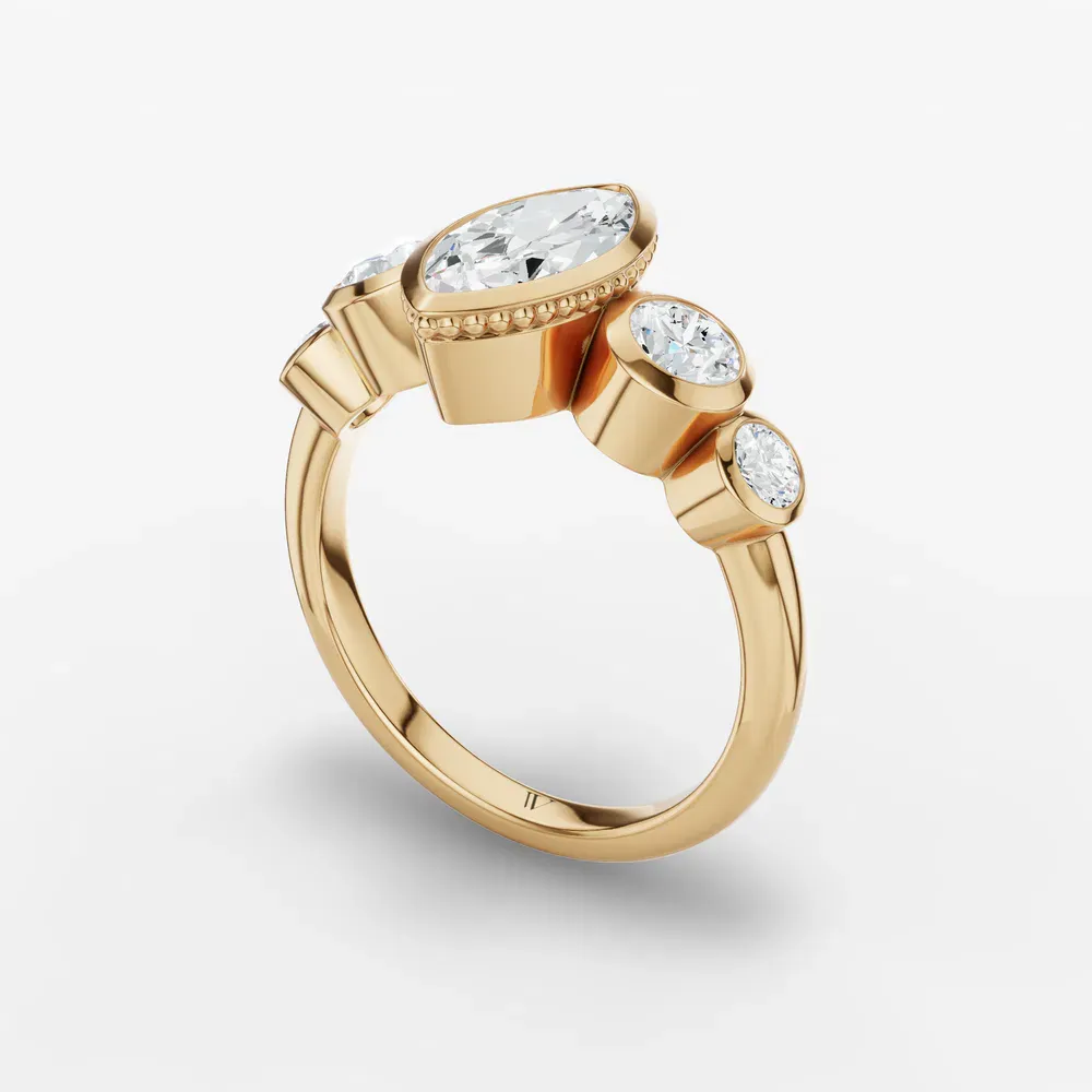 Certified 2 carat Lab Grown Diamond Marquise Cut Five Stone, Milgrain, Bezel Engagement Ring in 14K Yellow Gold-Sole