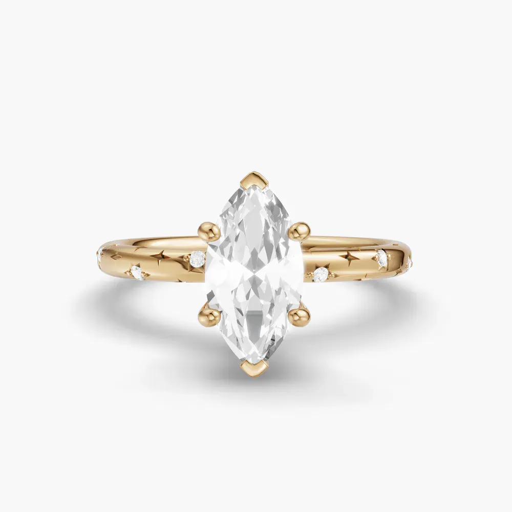 Certified 1 carat Lab Grown Diamond Marquise Cut Hidden Halo, Unique, Side Stone Engagement Ring in 14K Yellow Gold-Celestyn
