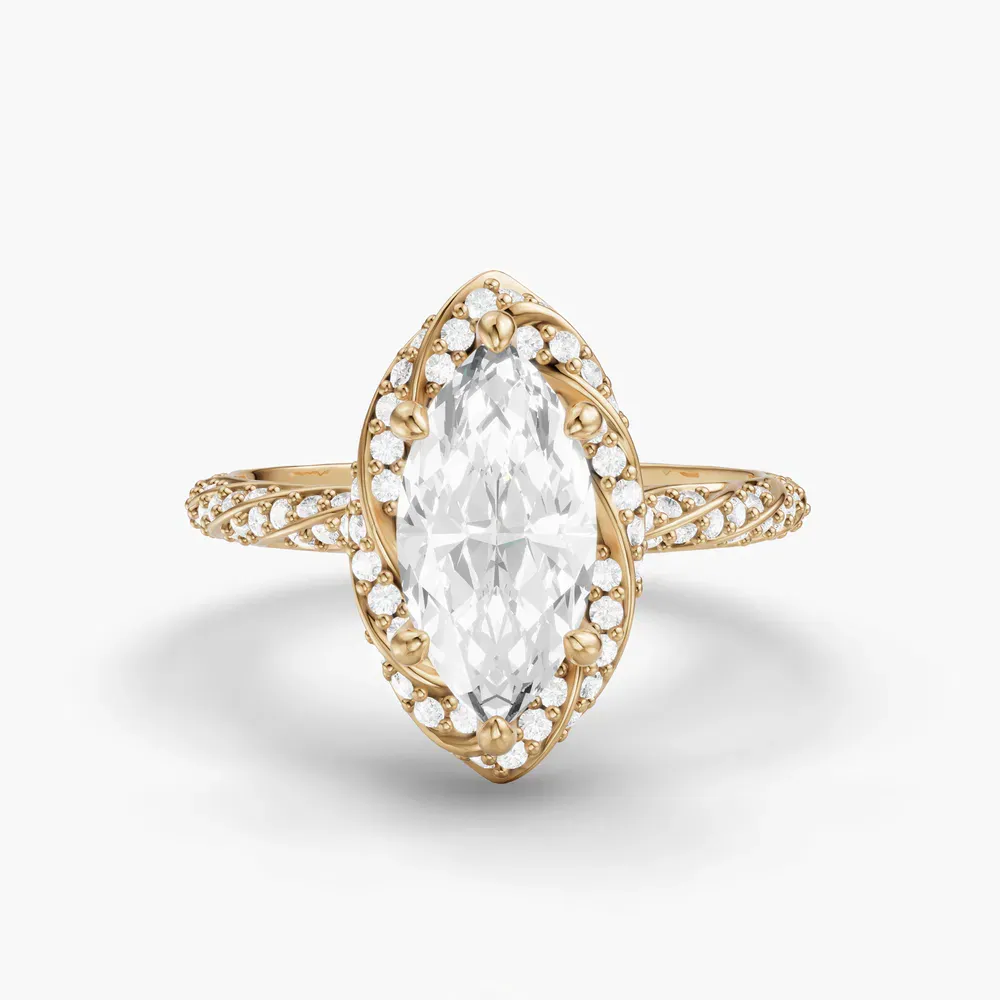 Certified 1 carat Lab Grown Diamond Marquise Cut Halo, Floral, Twist Engagement Ring in 14K Yellow Gold-Moxl