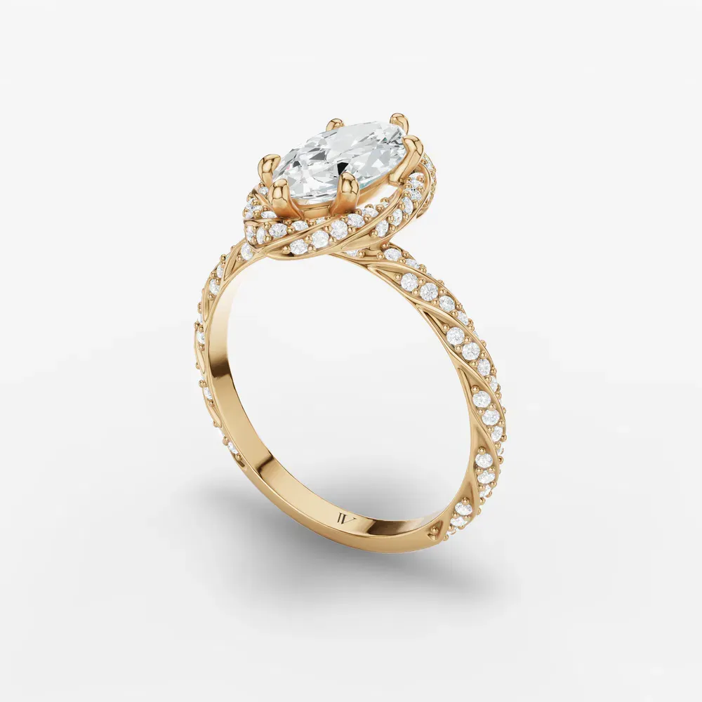 Certified 1 carat Lab Grown Diamond Marquise Cut Halo, Floral, Twist Engagement Ring in 14K Yellow Gold-Moxl
