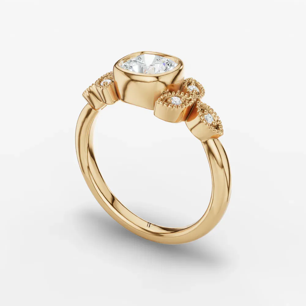 Certified 1 carat Lab Grown Diamond Cushion Cut Vintage, Bezel, Nature inspired Engagement Ring in 14K Yellow Gold-Laurel