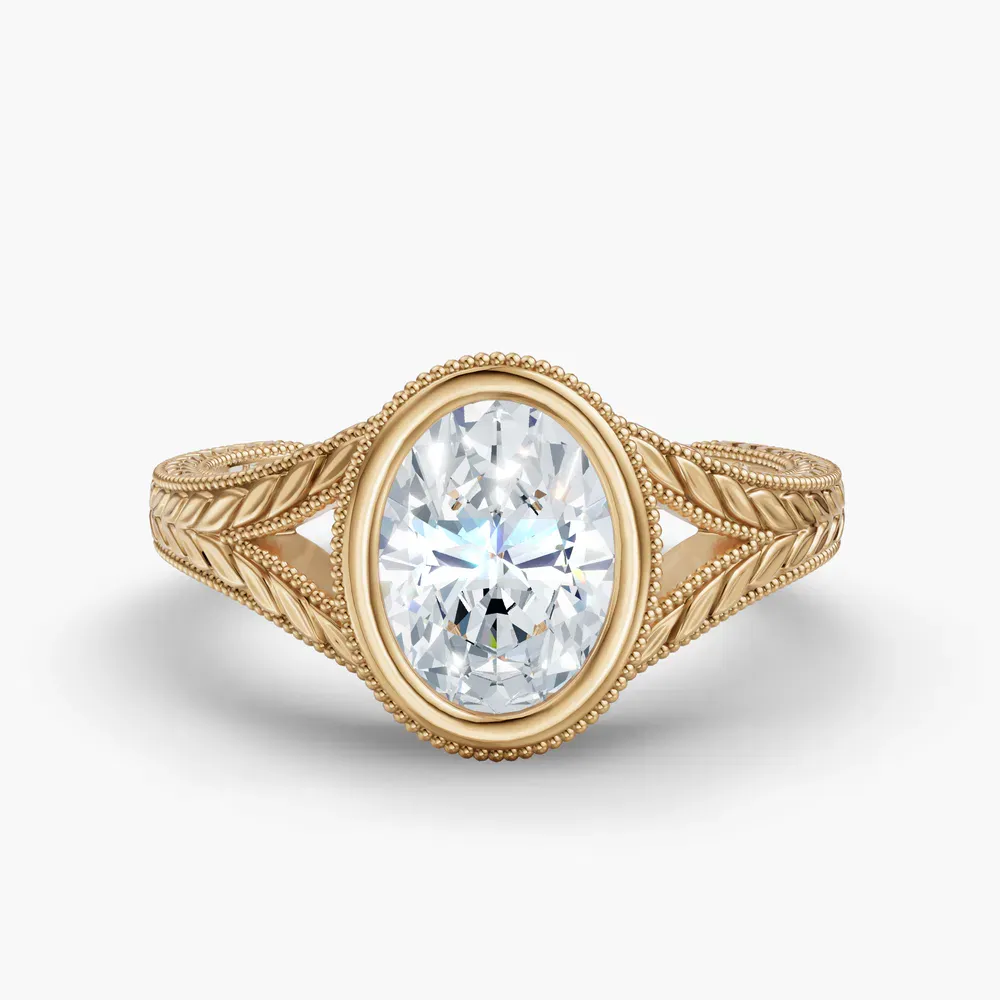Certified 1 carat Lab Grown Diamond Oval Cut Vintage, Bezel, Nature inspired Engagement Ring in 14K Yellow Gold-Harvest
