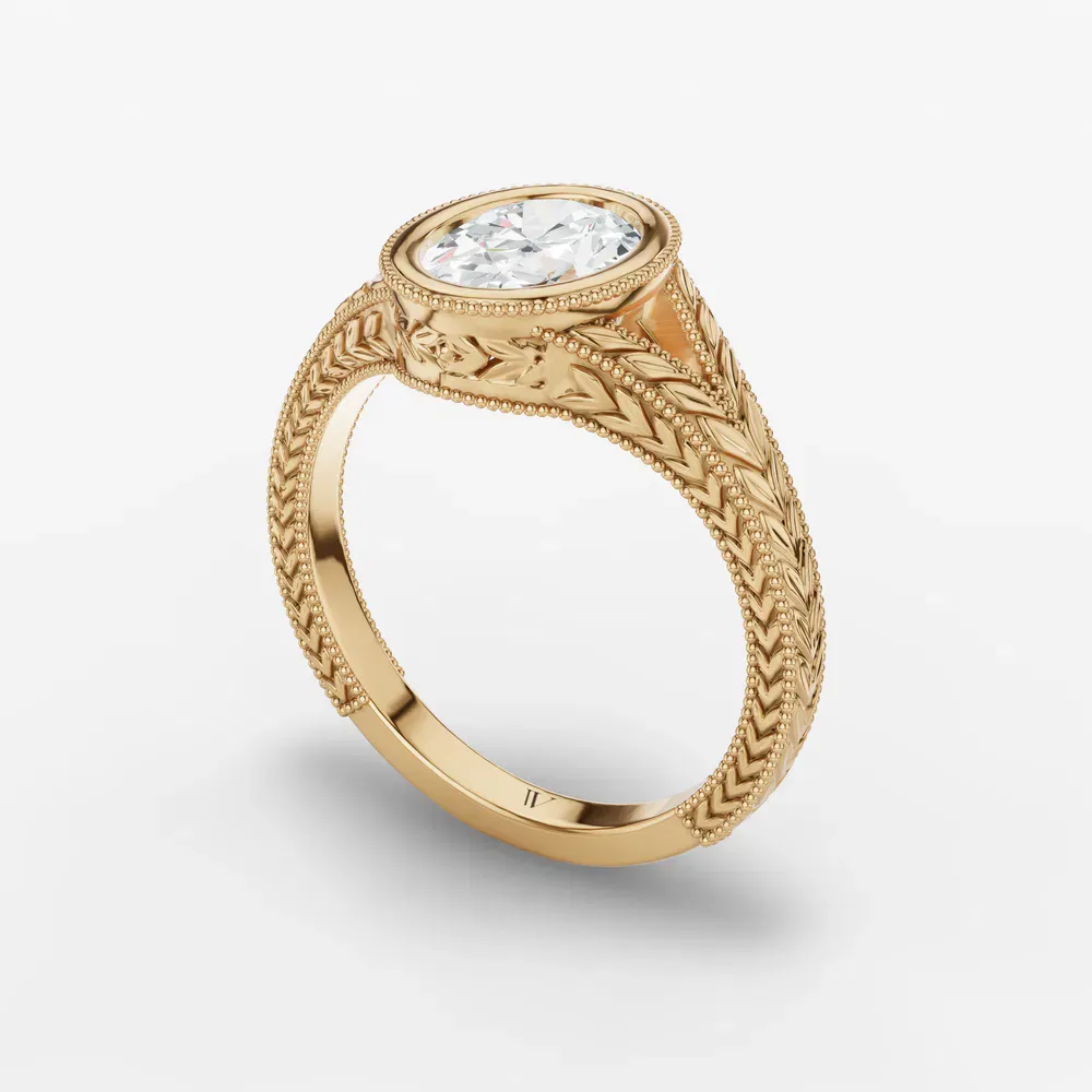 Certified 1 carat Lab Grown Diamond Oval Cut Vintage, Bezel, Nature inspired Engagement Ring in 14K Yellow Gold-Harvest