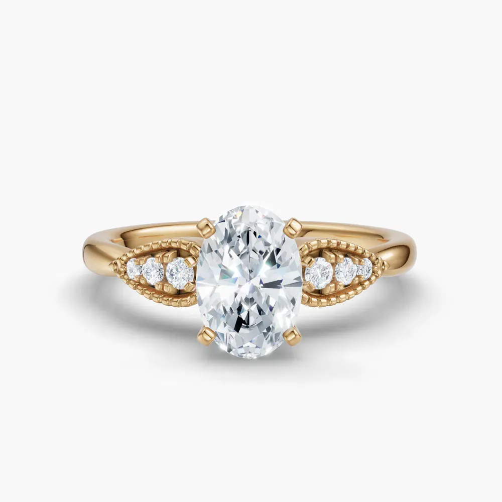 Certified 1 carat Lab Grown Diamond Oval Cut Milgrain, Vintage, Side Stone Engagement Ring in 14K Yellow Gold-Yerlin