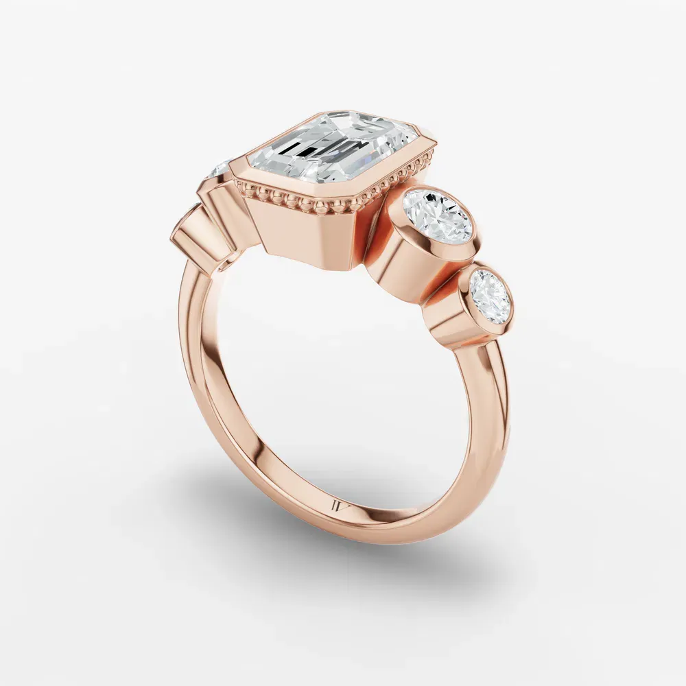 Certified 1 carat Lab Grown Diamond Emerald Cut Five Stone, Milgrain, Bezel Engagement Ring in 14K Rose Gold-Sole