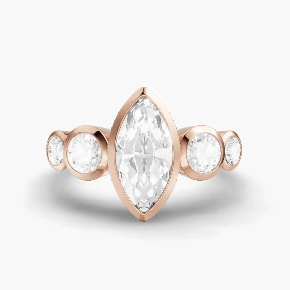 Certified 2 carat Lab Grown Diamond Marquise Cut Five Stone, Milgrain, Bezel Engagement Ring in 14K Rose Gold-Sole