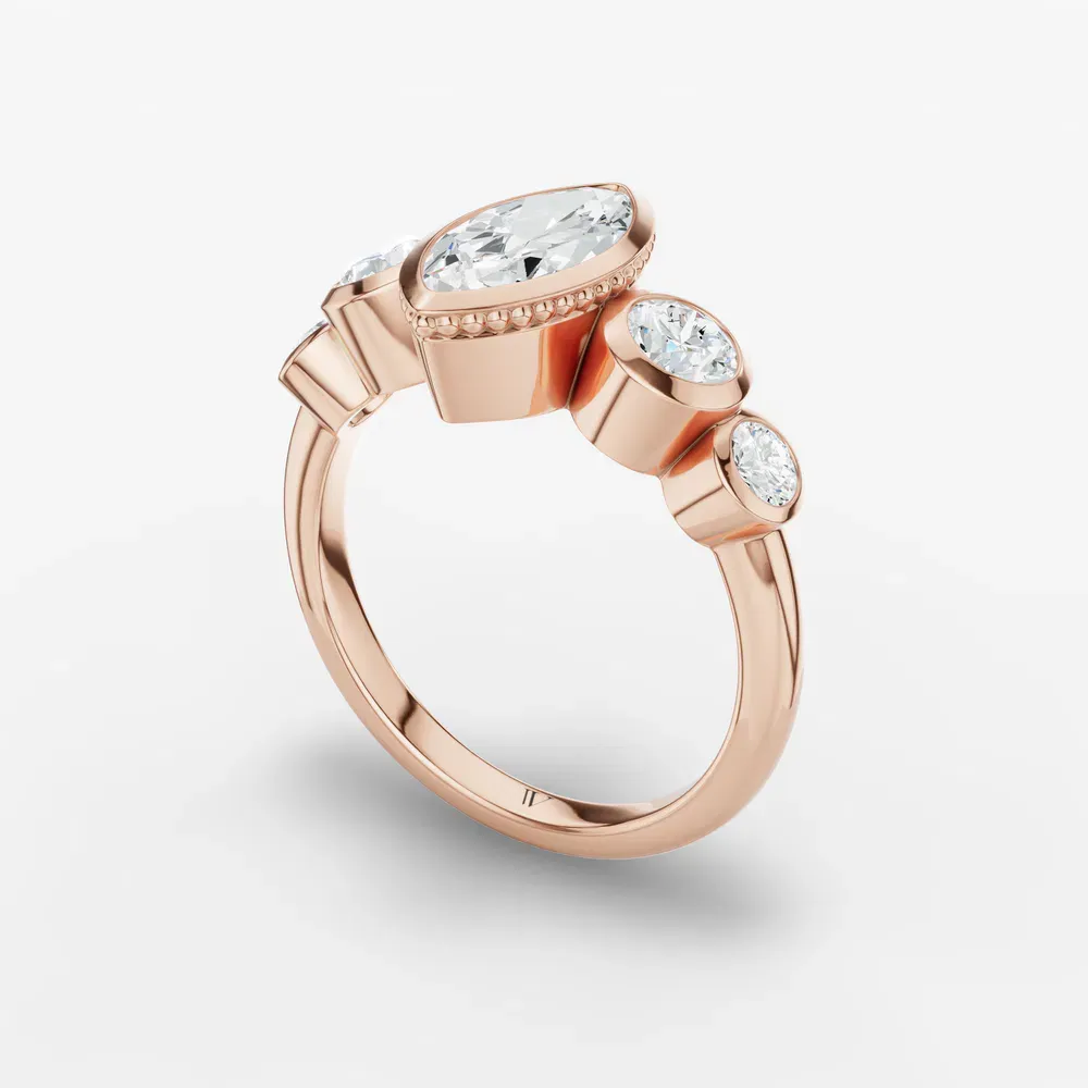 Certified 2 carat Lab Grown Diamond Marquise Cut Five Stone, Milgrain, Bezel Engagement Ring in 14K Rose Gold-Sole