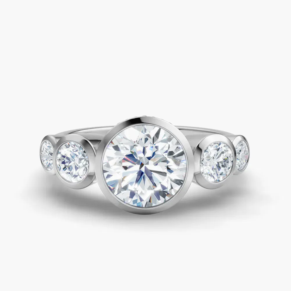 Certified 1 carat Lab Grown Diamond Round Cut Five Stone, Milgrain, Bezel Engagement Ring in 14K White Gold-Sole