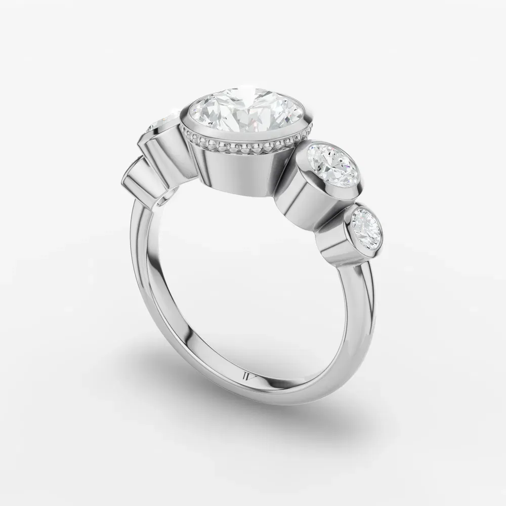 Certified 1 carat Lab Grown Diamond Round Cut Five Stone, Milgrain, Bezel Engagement Ring in 14K White Gold-Sole