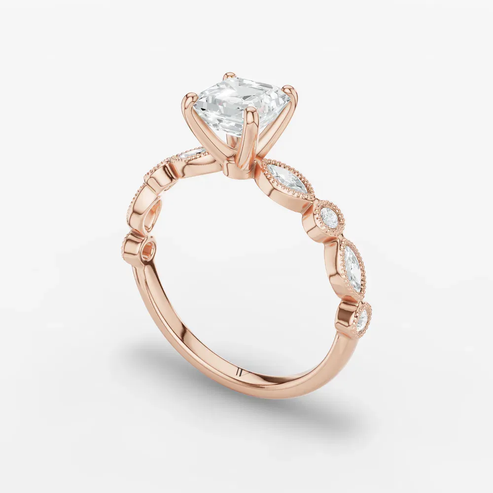 Certified 1 carat Lab Grown Diamond Asscher Cut Vintage, Milgrain, Side Stone Engagement Ring in 14K Rose Gold-Sior