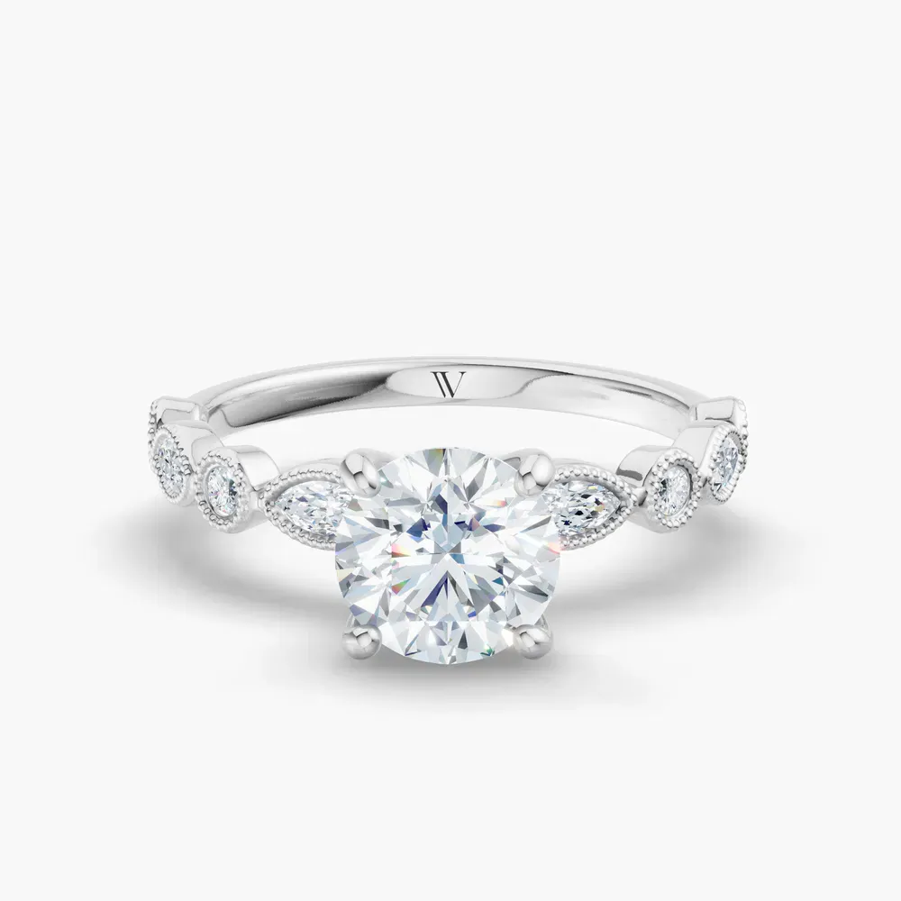Certified 1 carat Lab Grown Diamond Round Cut Vintage, Milgrain, Side Stone Engagement Ring in 14K White Gold-Sior