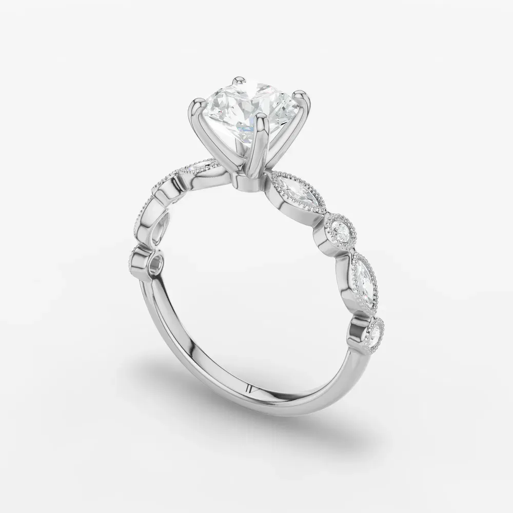 Certified 1 carat Lab Grown Diamond Round Cut Vintage, Milgrain, Side Stone Engagement Ring in 14K White Gold-Sior