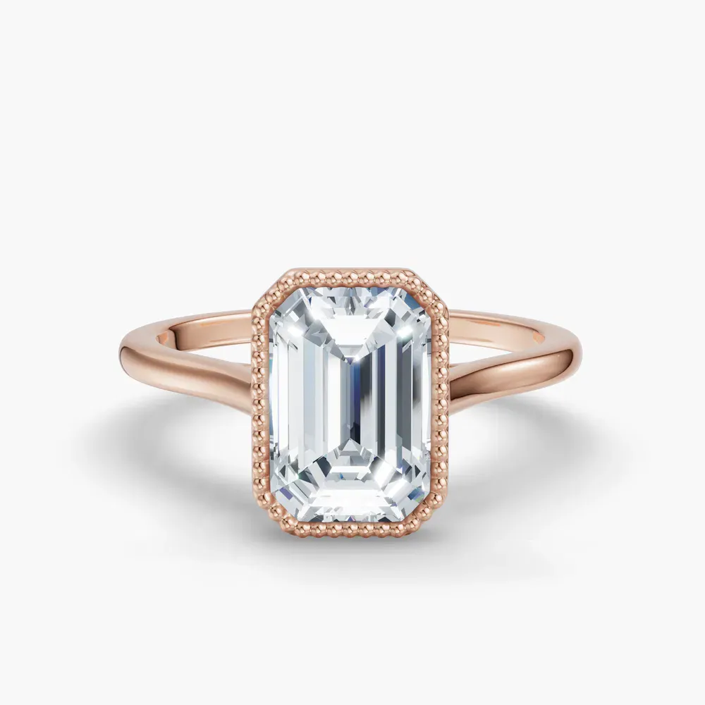 Certified 2 carat Lab Grown Diamond Emerald Cut Solitaire, Milgrain, Cathedral Engagement Ring in 14K Rose Gold-Firen