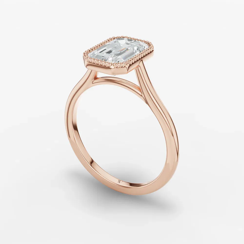 Certified 2 carat Lab Grown Diamond Emerald Cut Solitaire, Milgrain, Cathedral Engagement Ring in 14K Rose Gold-Firen