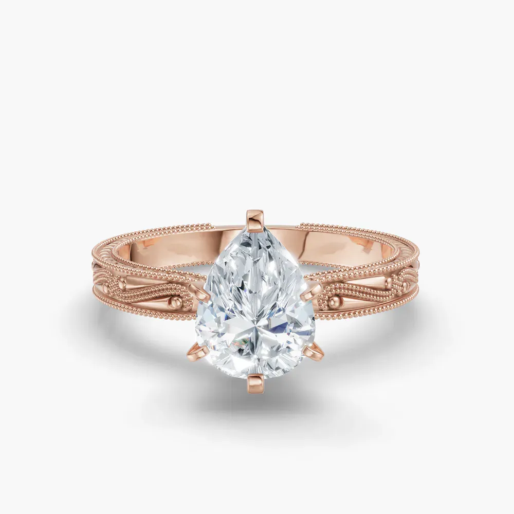 Certified 1 carat Lab Grown Diamond Pear Cut Solitaire, Milgrain, Vintage Engagement Ring in 14K Rose Gold-Lirae