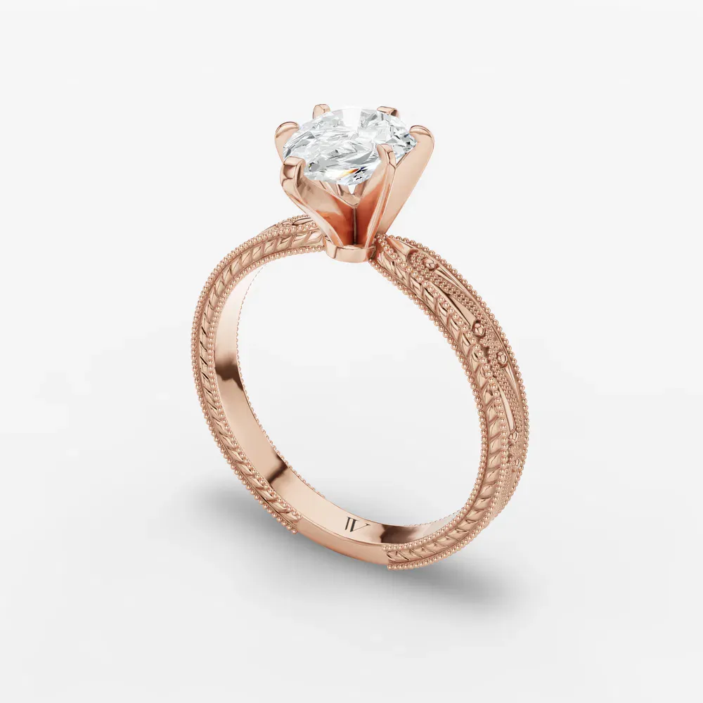 Certified 1 carat Lab Grown Diamond Pear Cut Solitaire, Milgrain, Vintage Engagement Ring in 14K Rose Gold-Lirae