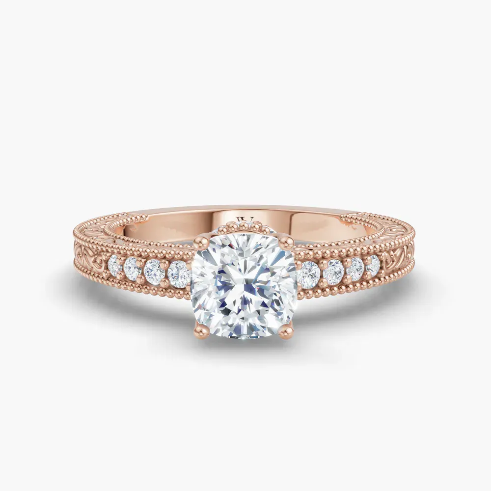Certified 1 carat Lab Grown Diamond Cushion Cut Vintage, Milgrain, Side Stone Engagement Ring in 14K Rose Gold-Meren