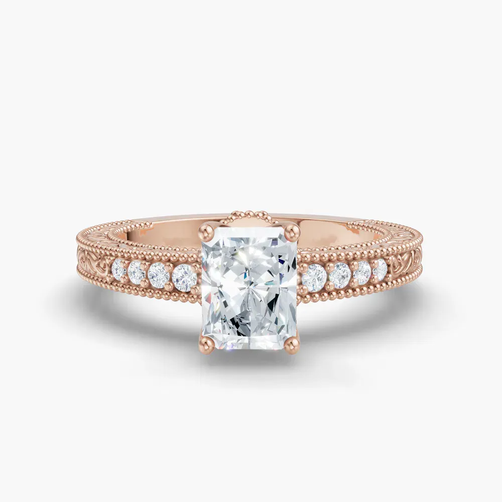 Certified 1 carat Lab Grown Diamond Radiant Cut Vintage, Milgrain, Side Stone Engagement Ring in 14K Rose Gold-Meren