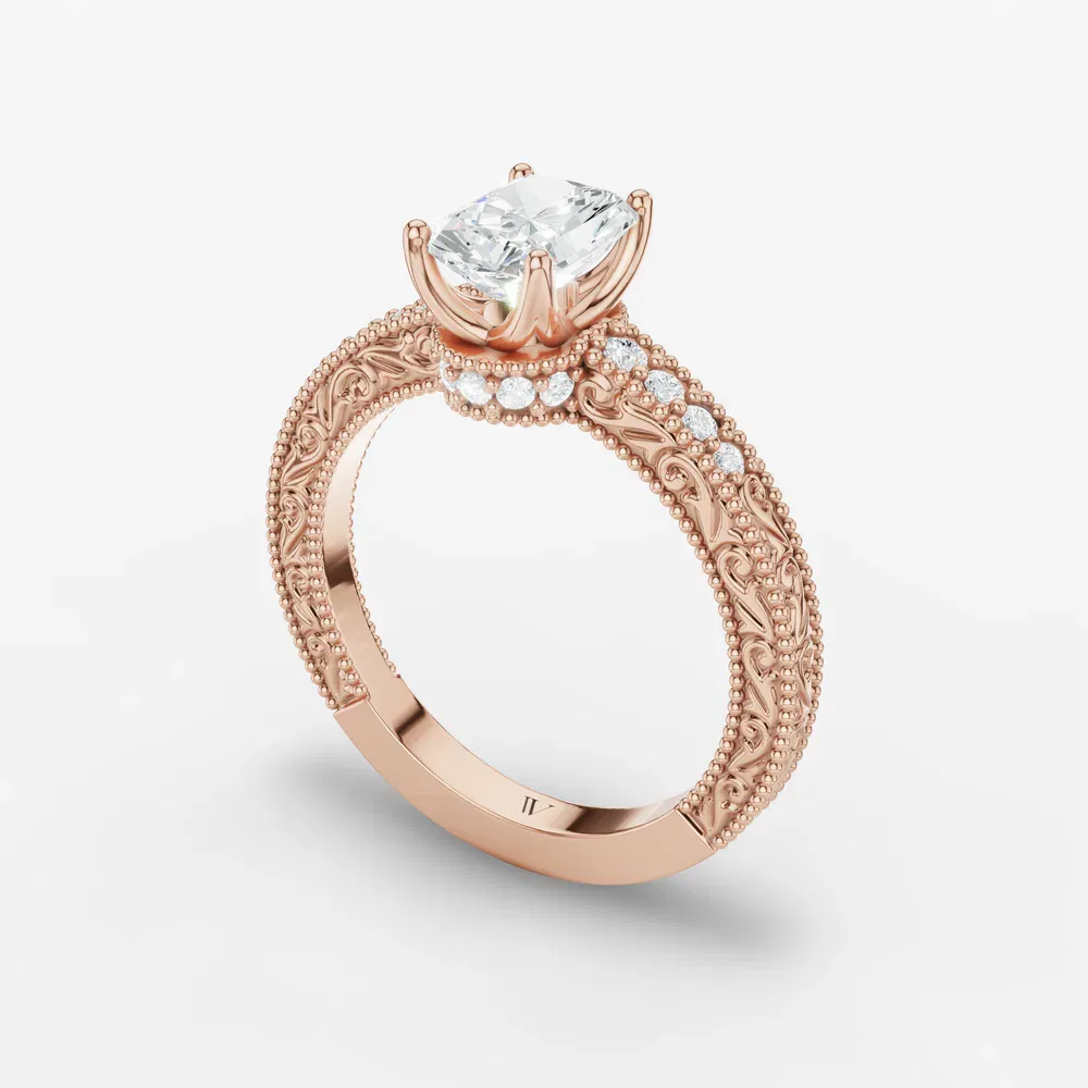 Certified 1 carat Lab Grown Diamond Radiant Cut Vintage, Milgrain, Side Stone Engagement Ring in 14K Rose Gold-Meren