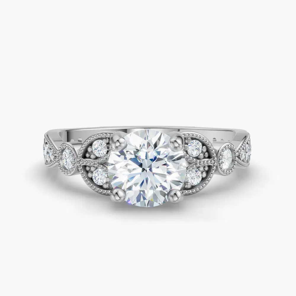 Certified 1 carat Lab Grown Diamond Round Cut Milgrain, Vintage, Side Stone Engagement Ring in 14K White Gold-Skye