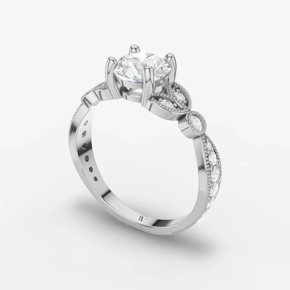 Certified 1 carat Lab Grown Diamond Round Cut Milgrain, Vintage, Side Stone Engagement Ring in 14K White Gold-Skye