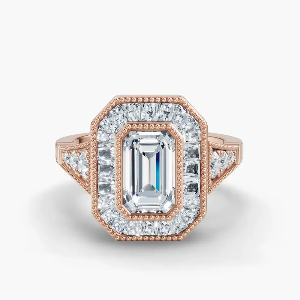 Certified 1 carat Lab Grown Diamond Emerald Cut Art Deco, Baguette, Milgrain Engagement Ring in 14K Rose Gold-Luxen