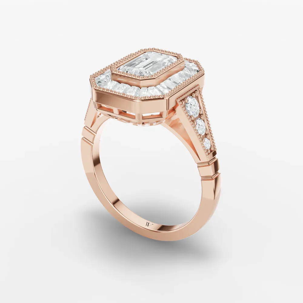 Certified 1 carat Lab Grown Diamond Emerald Cut Art Deco, Baguette, Milgrain Engagement Ring in 14K Rose Gold-Luxen