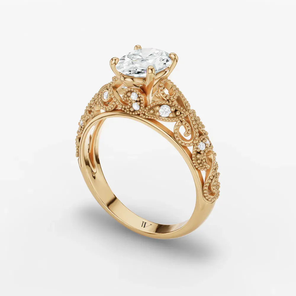 Certified 1 carat Lab Grown Diamond Oval Cut Vintage, Milgrain, Filigree Engagement Ring in 14K Yellow Gold-Jaxen