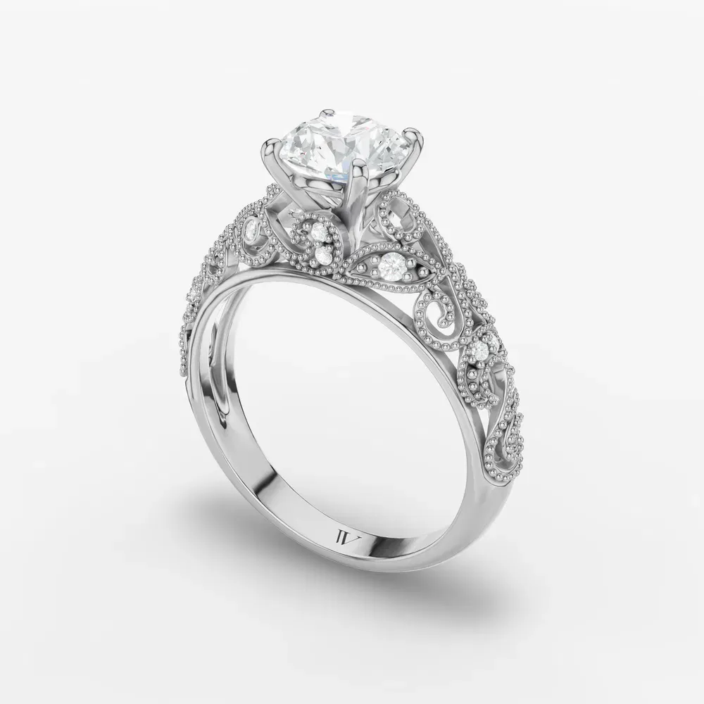 Certified 1 carat Lab Grown Diamond Round Cut Vintage, Milgrain, Filigree Engagement Ring in 14K White Gold-Jaxen