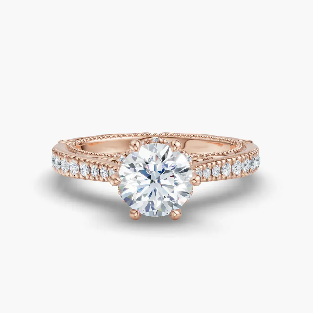 Certified 1 carat Lab Grown Diamond Round Cut Milgrain, Filigree, Nature inspired Engagement Ring in 14K Rose Gold-Vespera