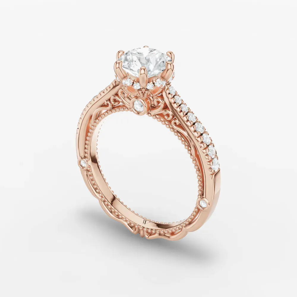 Certified 1 carat Lab Grown Diamond Round Cut Milgrain, Filigree, Nature inspired Engagement Ring in 14K Rose Gold-Vespera