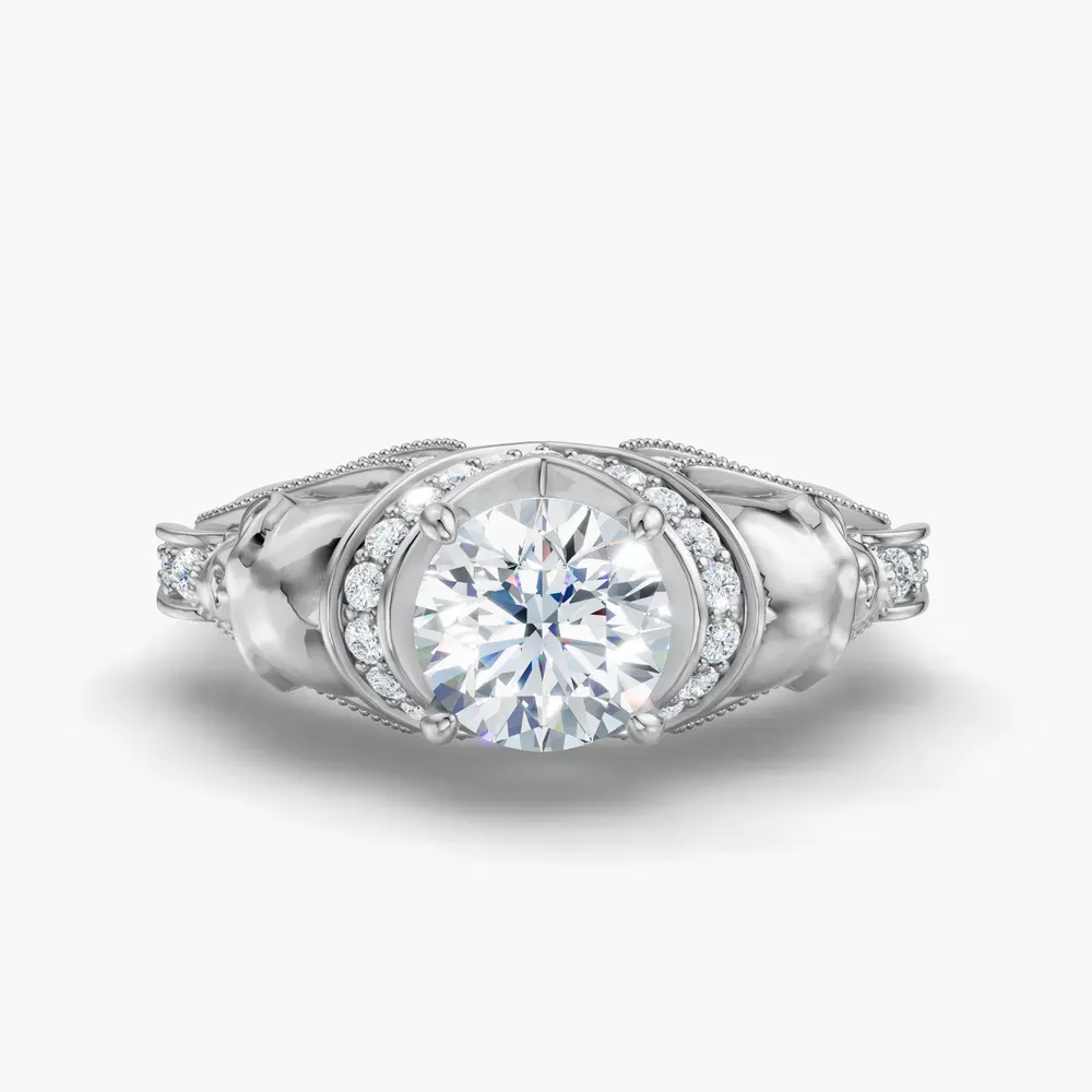 Certified 1 carat Lab Grown Diamond Round Cut Gothic, Milgrain, Side Stone Engagement Ring in 14K White Gold-Coralie