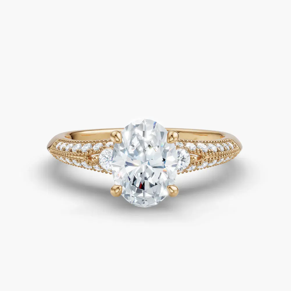 Certified 1 carat Lab Grown Diamond Oval Cut Milgrain, Three Stone, Pavé Engagement Ring in 14K Yellow Gold-Avery