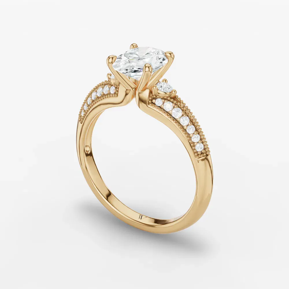 Certified 1 carat Lab Grown Diamond Oval Cut Milgrain, Three Stone, Pavé Engagement Ring in 14K Yellow Gold-Avery