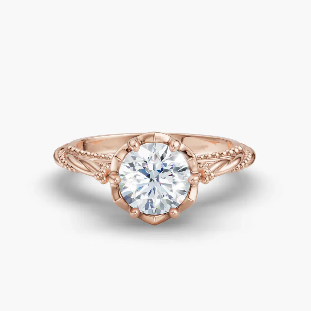 Certified 1 carat Lab Grown Diamond Round Cut Solitaire, Milgrain, Vintage Engagement Ring in 14K Rose Gold-Thistle