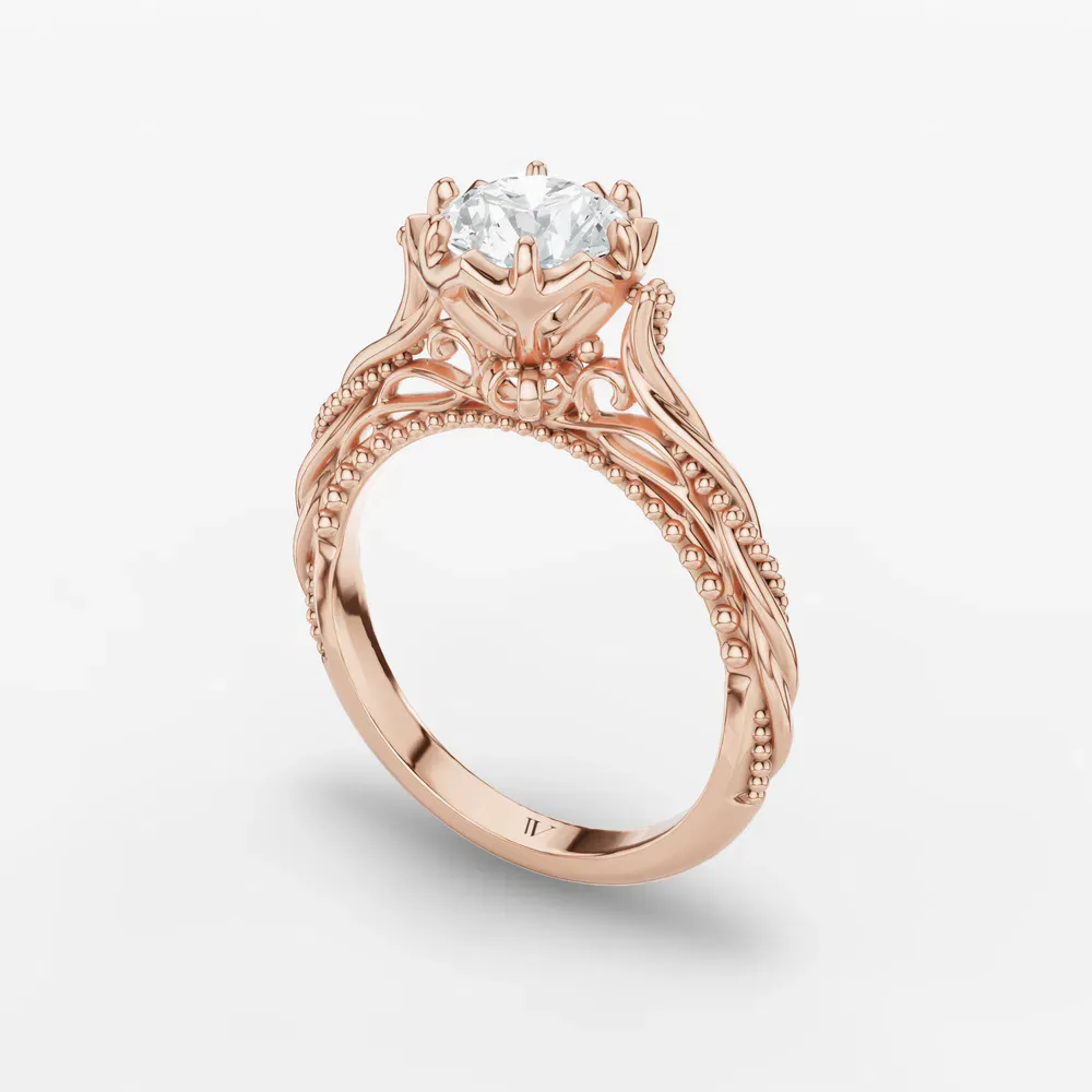 Certified 1 carat Lab Grown Diamond Round Cut Solitaire, Milgrain, Vintage Engagement Ring in 14K Rose Gold-Thistle