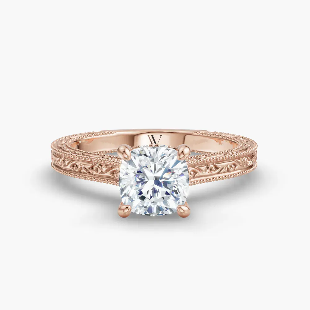 Certified 1 carat Lab Grown Diamond Cushion Cut Hidden Halo, Cathedral, Vintage Engagement Ring in 14K Rose Gold-Echo