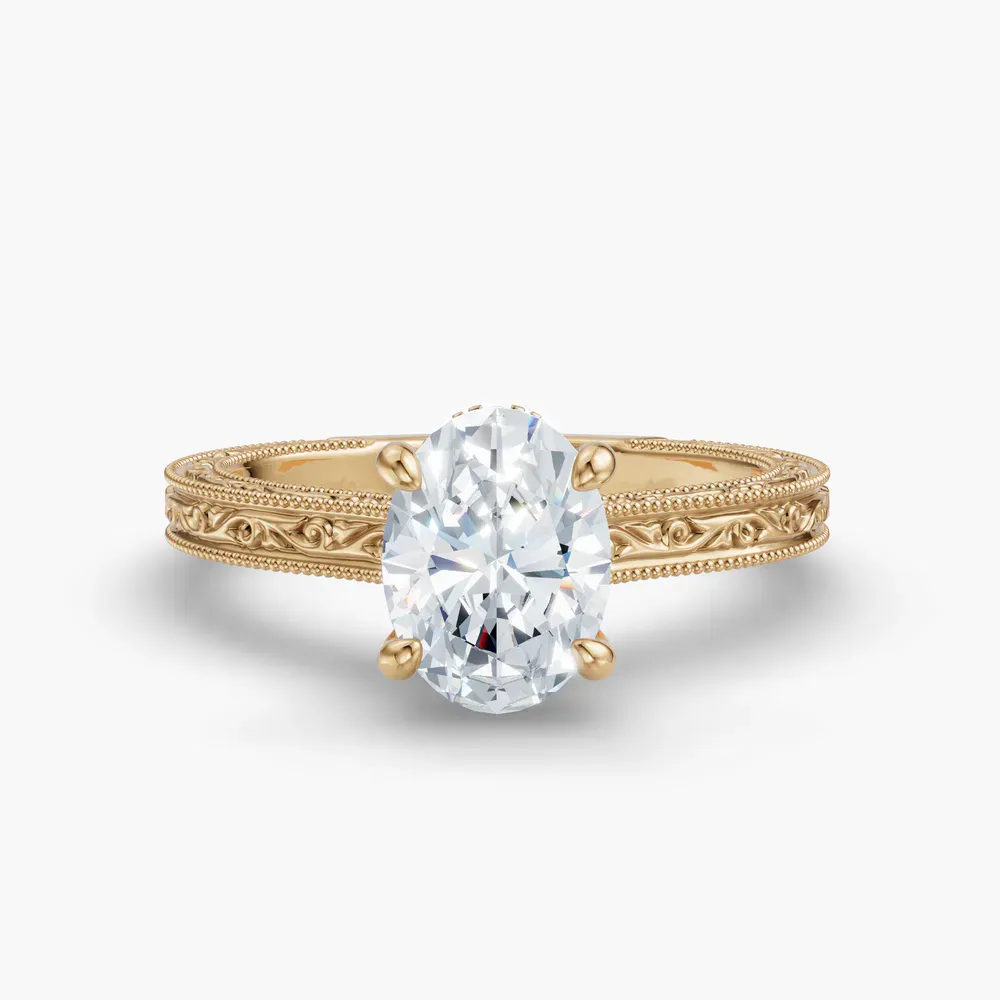 Certified 1 carat Lab Grown Diamond Oval Cut Hidden Halo, Cathedral, Vintage Engagement Ring in 14K Yellow Gold-Echo