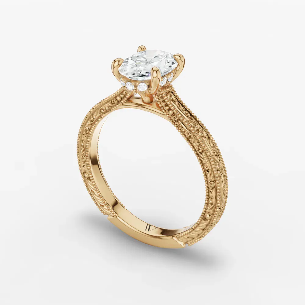 Certified 1 carat Lab Grown Diamond Oval Cut Hidden Halo, Cathedral, Vintage Engagement Ring in 14K Yellow Gold-Echo