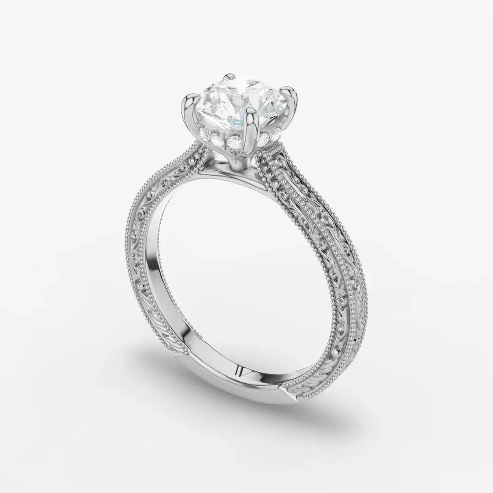 Certified 1 carat Lab Grown Diamond Round Cut Hidden Halo, Cathedral, Vintage Engagement Ring in 14K White Gold-Echo