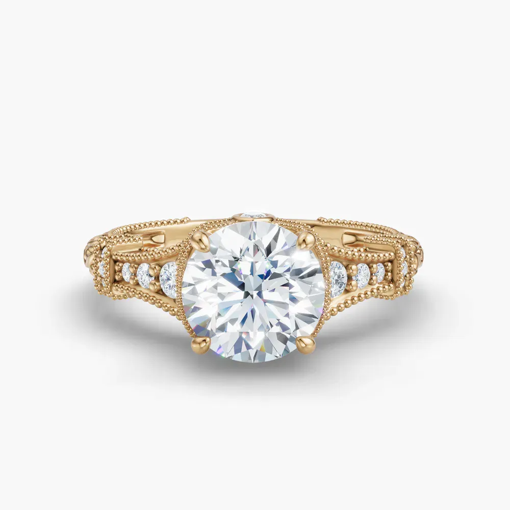 Certified 1 carat Lab Grown Diamond Round Cut Vintage, Hidden Halo, Nature inspired Engagement Ring in 14K Yellow Gold-Whisper