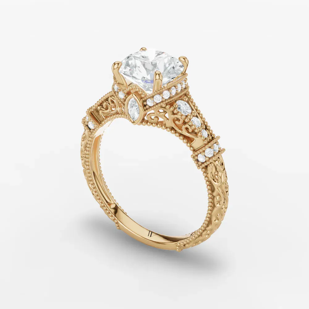 Certified 1 carat Lab Grown Diamond Round Cut Vintage, Hidden Halo, Nature inspired Engagement Ring in 14K Yellow Gold-Whisper