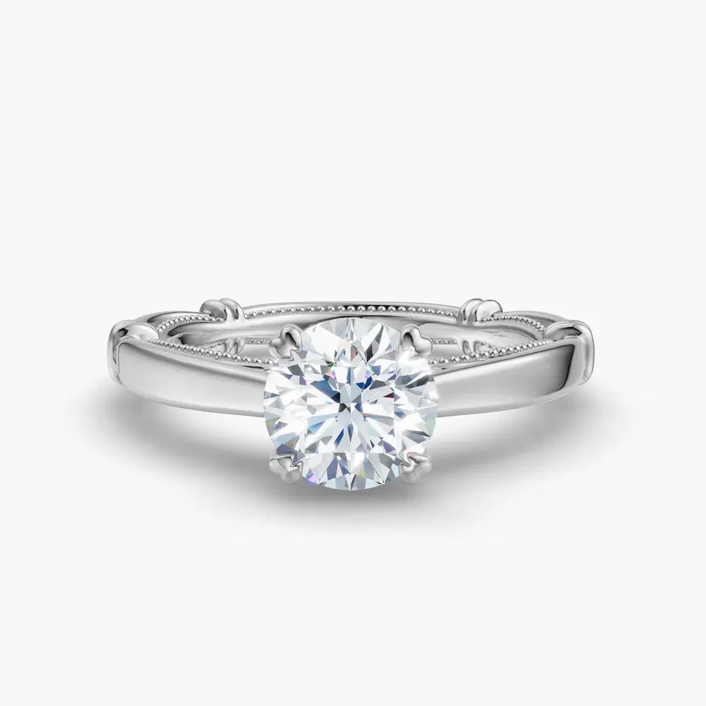Certified 1 carat Lab Grown Diamond Round Cut Vintage, Milgrain, Nature inspired Engagement Ring in 14K White Gold-Qoxi