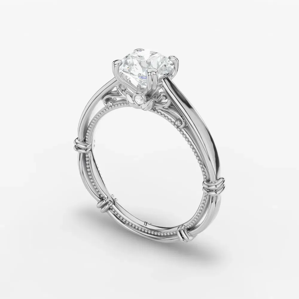 Certified 1 carat Lab Grown Diamond Round Cut Vintage, Milgrain, Nature inspired Engagement Ring in 14K White Gold-Qoxi