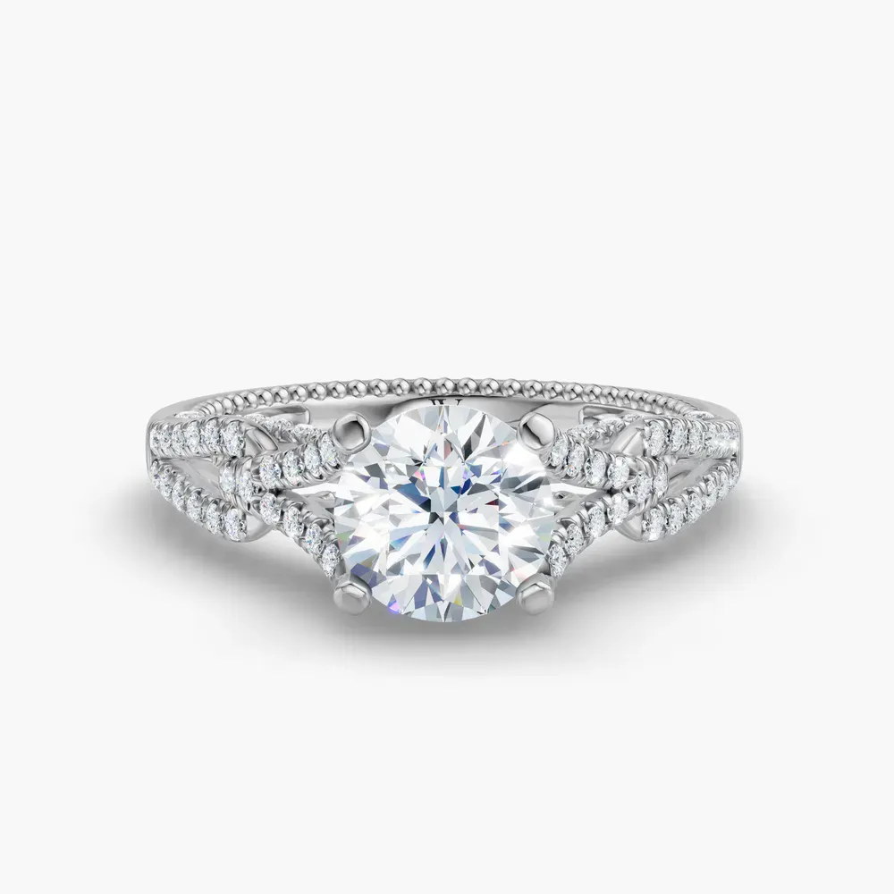Certified 1 carat Lab Grown Diamond Round Cut Hidden Halo, Milgrain, Nature inspired Engagement Ring in 14K White Gold-Soxel